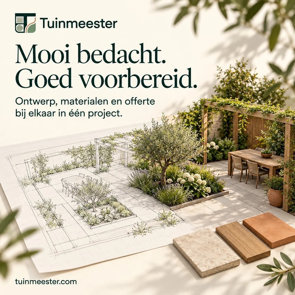 Illustratie: een tuinschets, materialen en de beoogde tuin komen samen