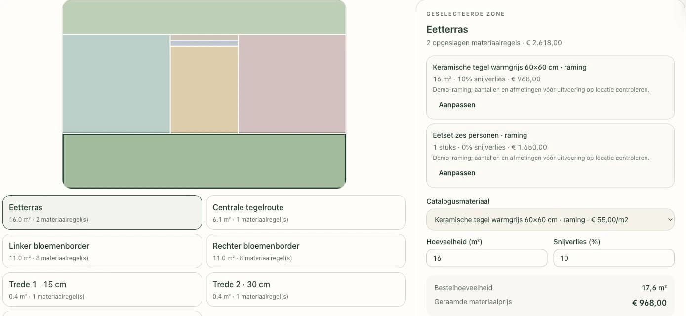 Echt Tuinmeester-appbeeld: terraszone van 16 m², tegelkeuze, 10 procent snijverlies en materiaalregels